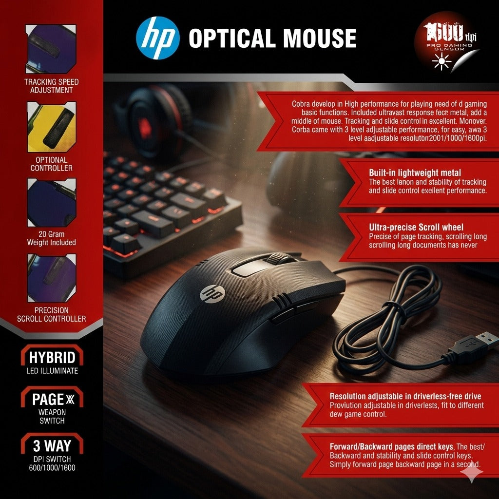 HP White Optical Mouse – 600 to 1800 DPI Adjustable | Smooth Clicks & Lightweight Wired Mouse