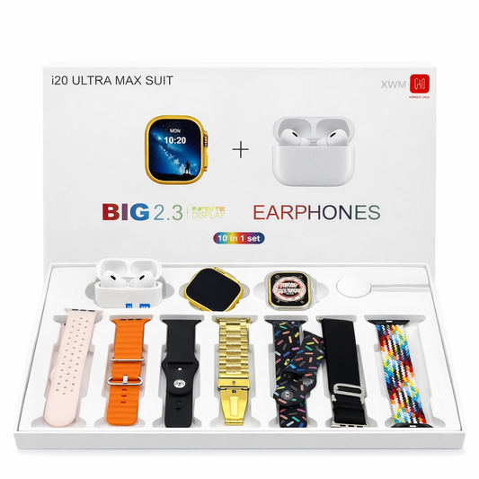 I20 Ultra Smart Watch Combo – 7 Straps + Earbuds | Magnetic Charger | Complete Box Pack