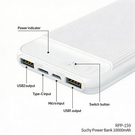 J-Cell J-103 Power Bank 10000mAh – Dual USB Output with Type-C & Micro Input | Portable Fast Charging Power Bank